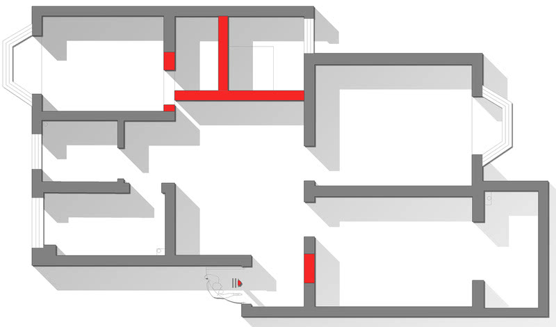 1f原始户型图 ©（红色为拆除新建墙体）